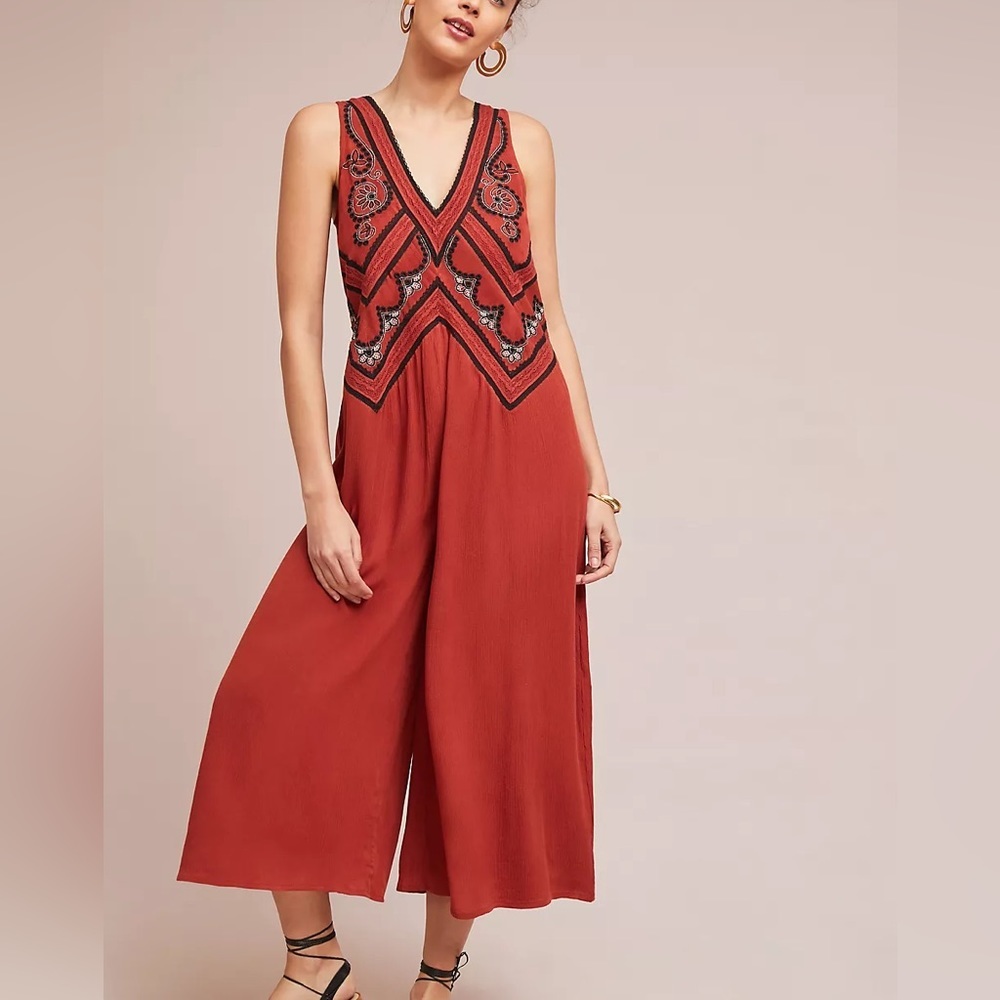 Anthropologie Maeve Desert Embroidered Jumpsuit Burnt Orange Red Wide Leg Size 2